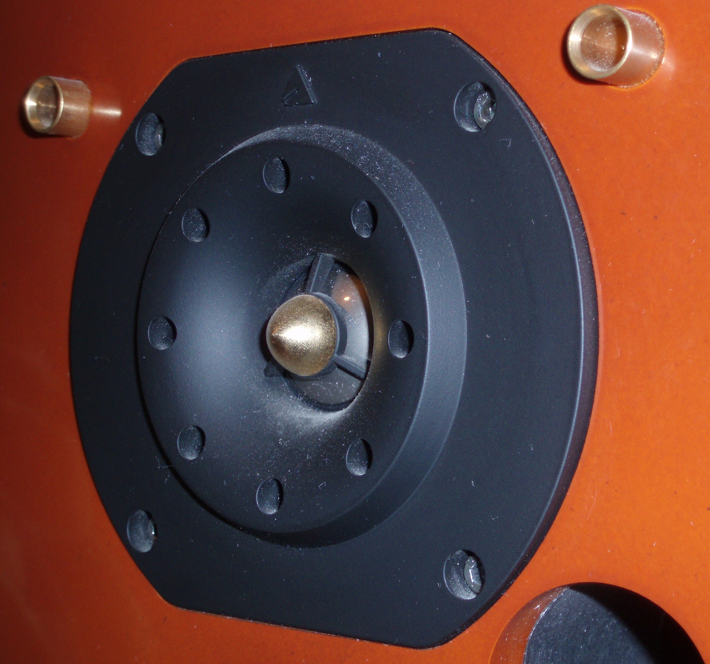 Close-up of a tweeter driver showing the dome and mounting frame.