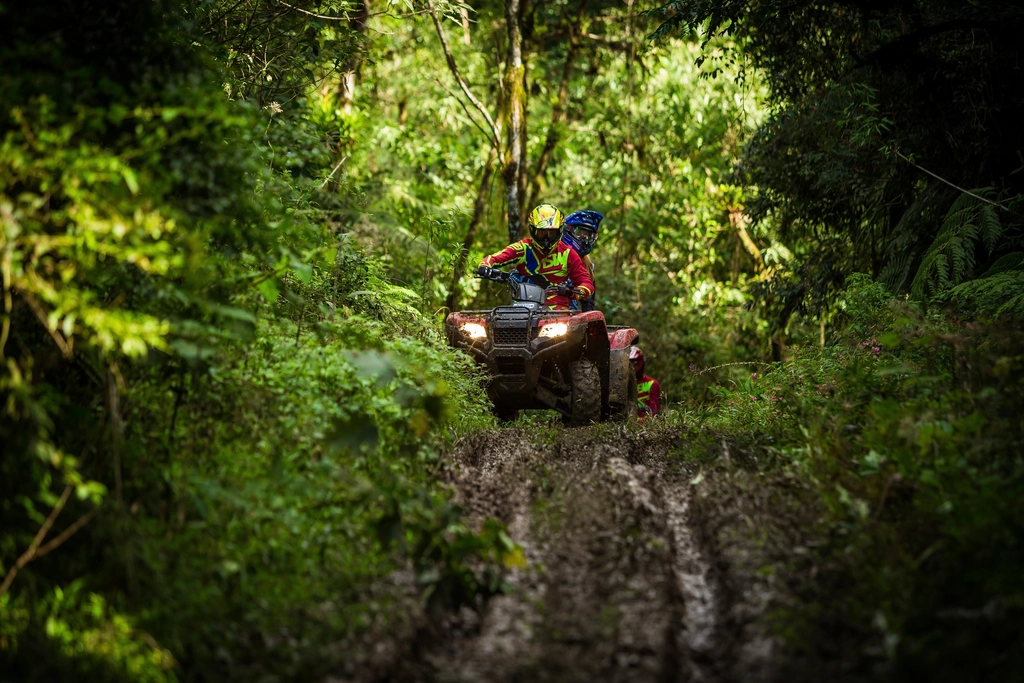 A four-wheeler ATV kicking up dust on a trail, representative of the trail and utility use cases drop baskets are built for.