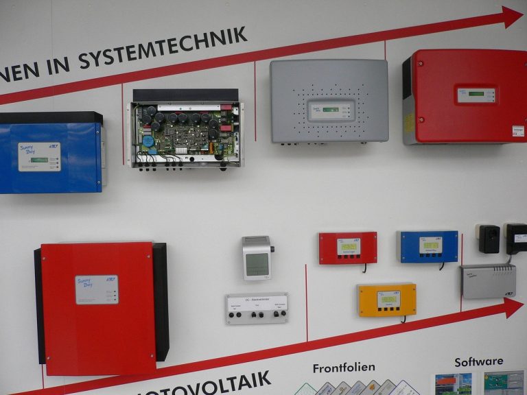 Close-up of a photovoltaic power inverter unit similar to units used in RV solar systems.